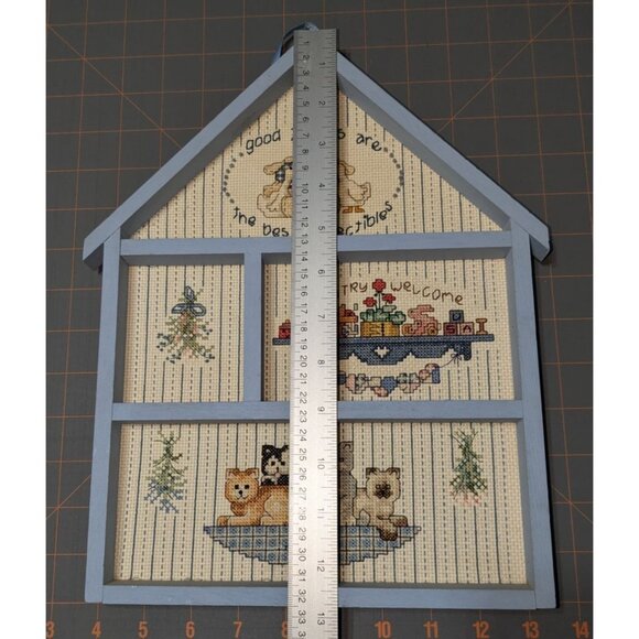 Country Welcome Needlepoint Wall Art with Cats in Light Blue Frame - Picture 5 of 7
